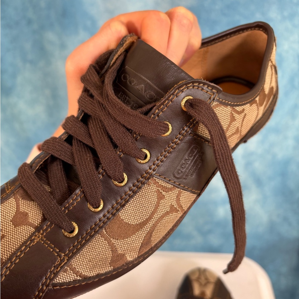 Coach Brown & Tan Leather Signature Low-Top Sneakers Size 7 - Picture 6 of 9